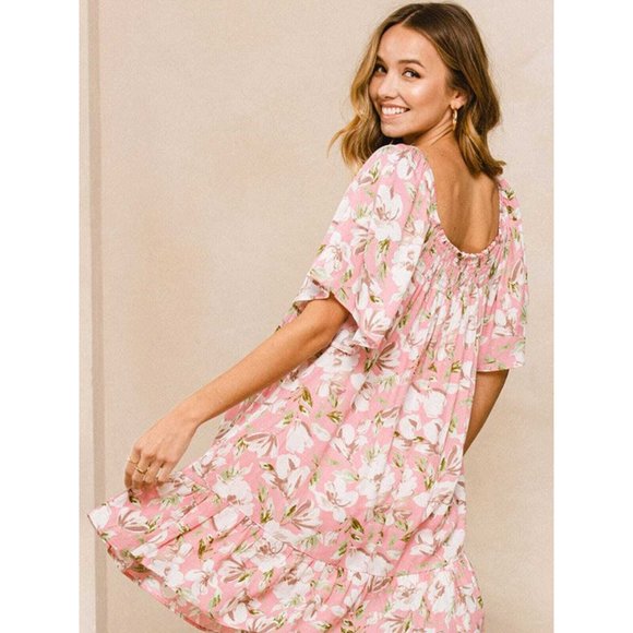 Ces Femme Women's Short Sleeve Tunic Smock Neck Bohemian Floral Dress Print New - Picture 3 of 3